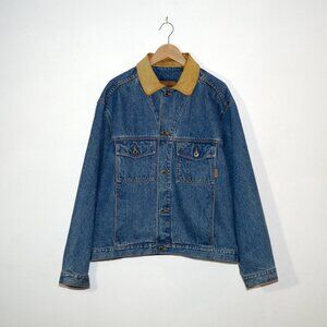 Vintage Timberland Classic Blue Denim Jacket Tam Leather Collar Weathergear Jean